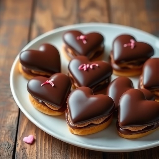 Heart-shaped chocolate eclairs topped with chocolate ganache and garnished with chocolate shavings on a rustic table.